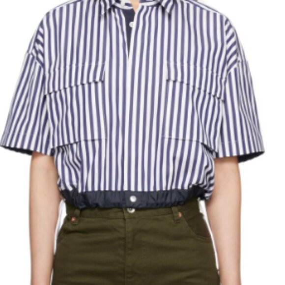 SACAI x Thomas MASON sz 2 S Striped Cropped Shirt Short Sleeve White Blue - Picture 3 of 15